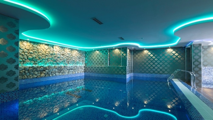 LED tape lights around a pool