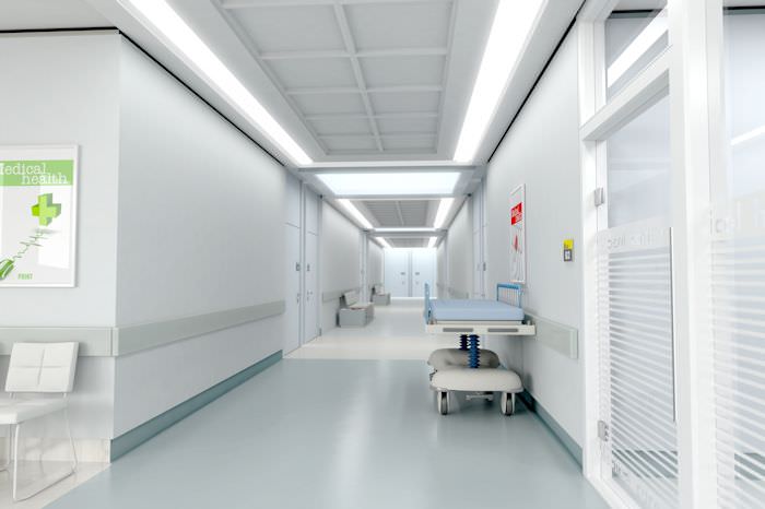 Hospital corridor with white lights