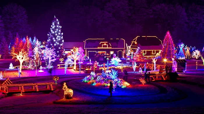 Christmas lights illuminating a farm