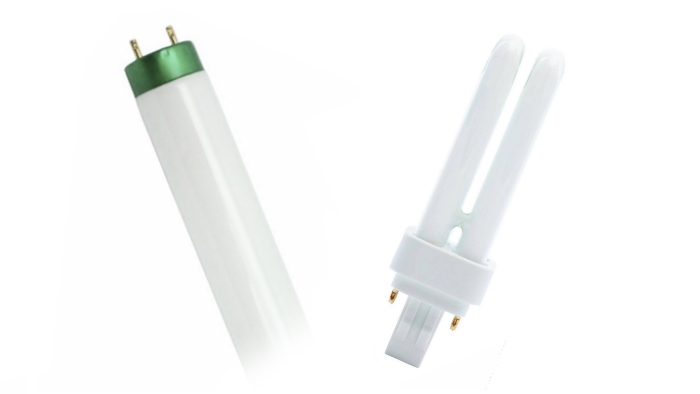 Fluorescent tube next to fluorescent bulb