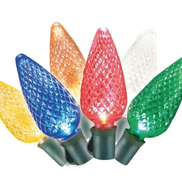 50 Light Green Wire C9 Faceted LED Multi-Color Christmas Light String Set