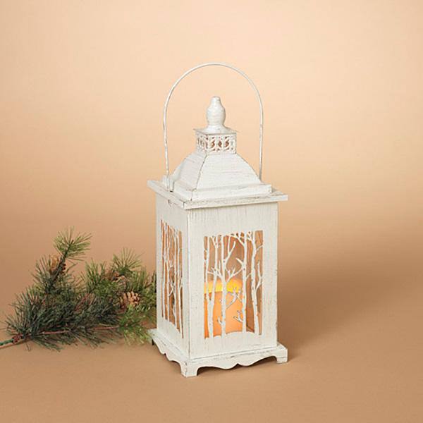 13.4" White Winter Forest LED Candle Lantern with Timer