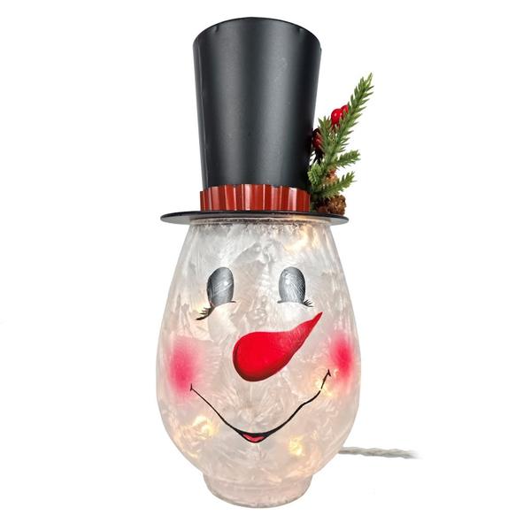 11" Electric Lighted Frosted Glass Pine Snowman Lighted Figurine