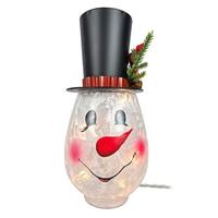 View 11" Electric Lighted Frosted Glass Pine Snowman Lighted Figurine