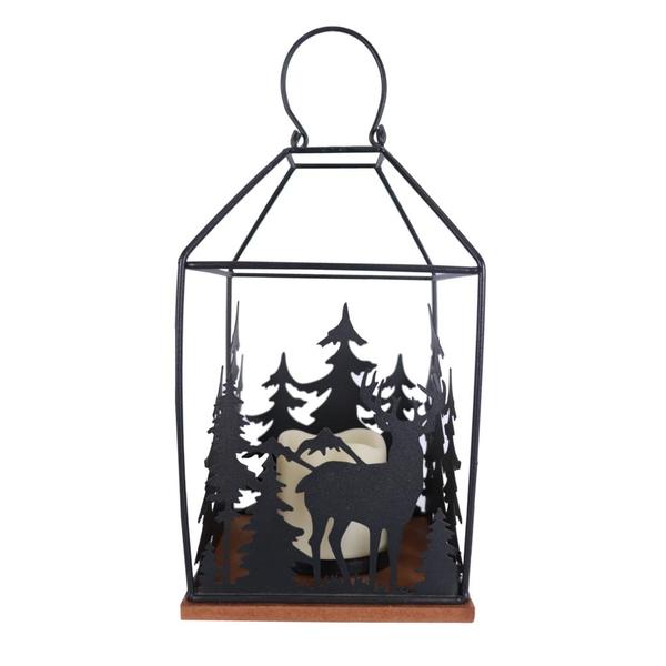 11.8" Battery Operated Metal & Wood Holiday Lantern with LED Candle