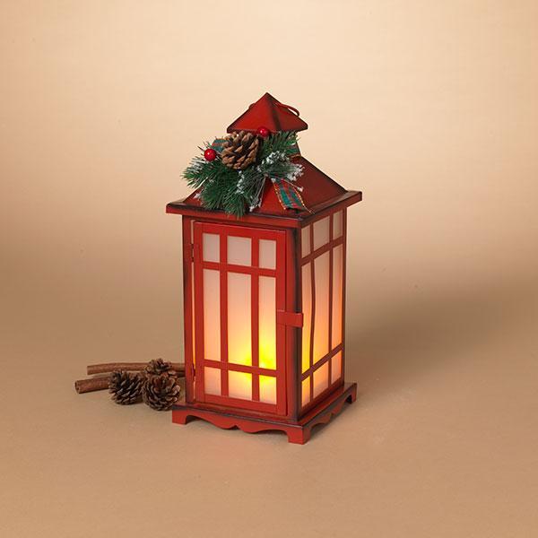 10" Battery Operated Red Metal Fire Glow Floral Accent Lantern with LED Candle
