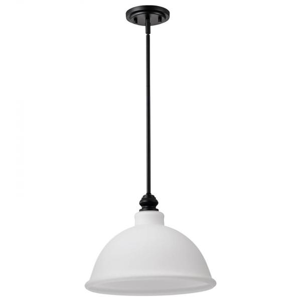 14" 1 Light 120 volt Matte Black Satin White Glass Pendant Light Fixture