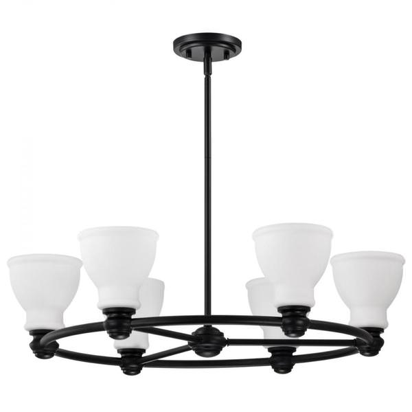 6 Lamp 120 volt Matte Black Satin White Glass Chandelier Light Fixture