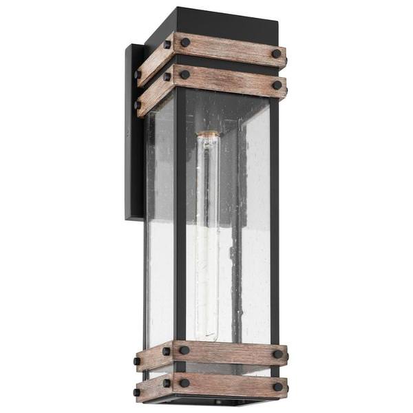 1 Lamp Black/Wood Clear Seeded Glass Outdoor Wall Lantern Light Fixture