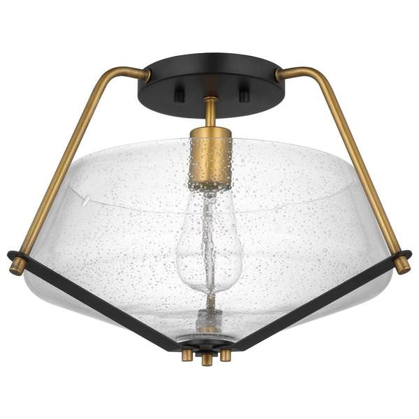 1 Lamp 16" Matte Black/Natural Brass Clear Seeded Glass Indoor Semi Flush Light Fixture