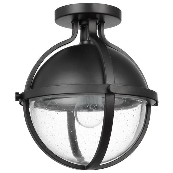 1 Lamp 12" Matte Black Clear Seeded Glass Indoor Semi Flush Light Fixture