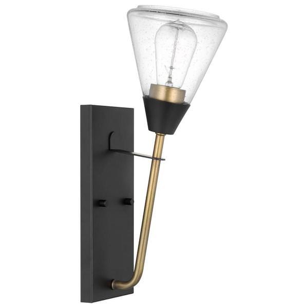 1 Lamp Matte Black/Natural Brass Clear Seeded Glass Indoor Sconce Wall Fixture