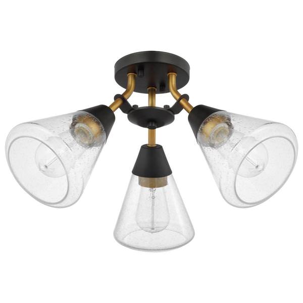 3 Lamp 19" Matte Black/Natural Brass Clear Seeded Glass Indoor Semi Flush Light Fixture