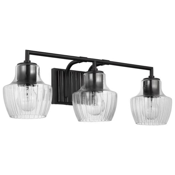 3 Lamp Black/Silver Clear Ribbed Glass Indoor Vanity Light Fixture 
