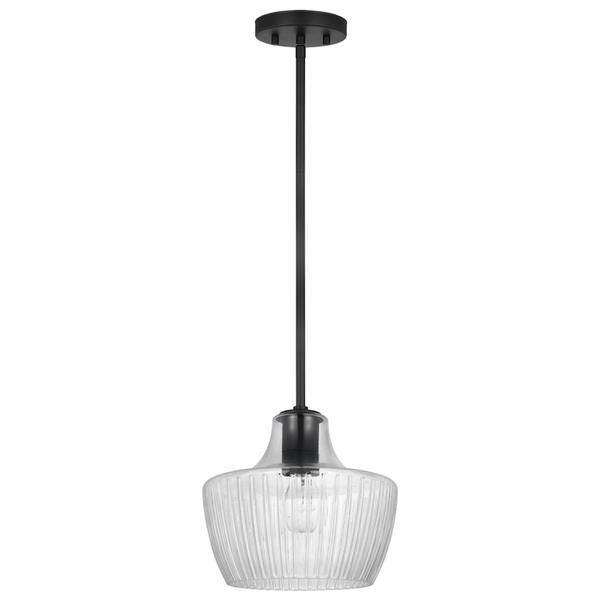 1 Lamp Black/Silver Clear Ribbed Glass Indoor Pendant Light Fixture 
