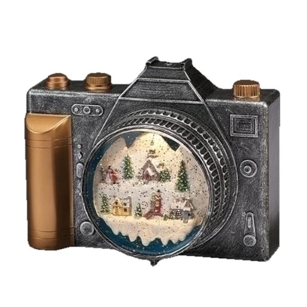 8" Camera with Snow Village Scene Plug-in/Battery Operated Swirl Lantern