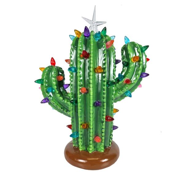 12.5" Multi-Color Lighted Ceramic Cactus Christmas Decoration