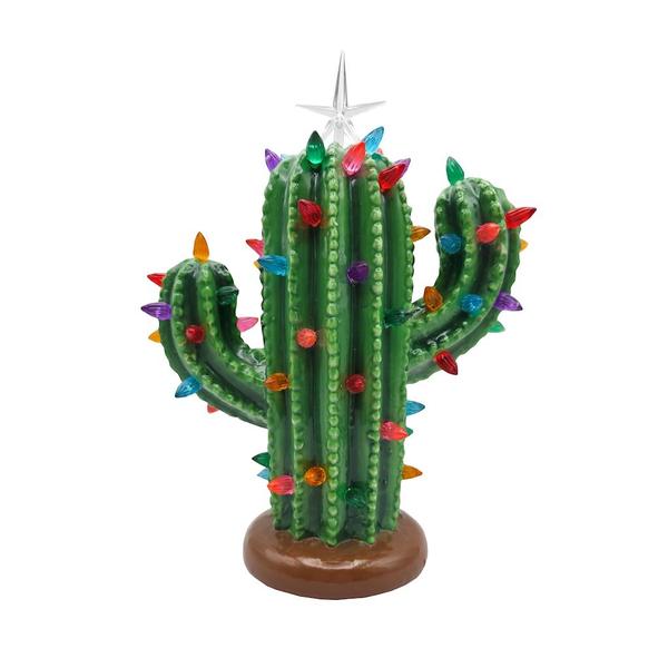 12.5" Multi-Color Lighted Ceramic Cactus Christmas Decoration