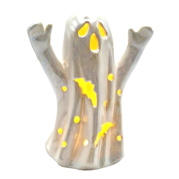 6.3" Lighted Pearlized Ghost with Bat Cutouts Battery Operated Swirl Lantern