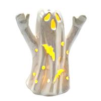 Roman 6.3" Lighted Pearlized Ghost with Bat Cutouts Battery Operated Swirl Lantern
