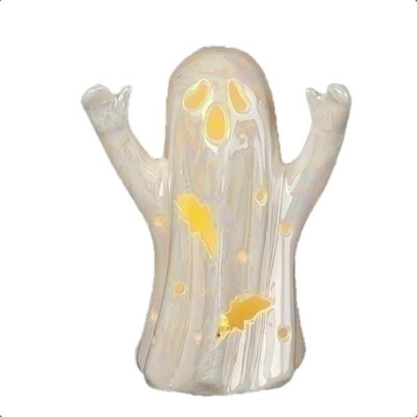 6.3" Lighted Pearlized Ghost with Bat Cutouts Battery Operated Swirl Lantern