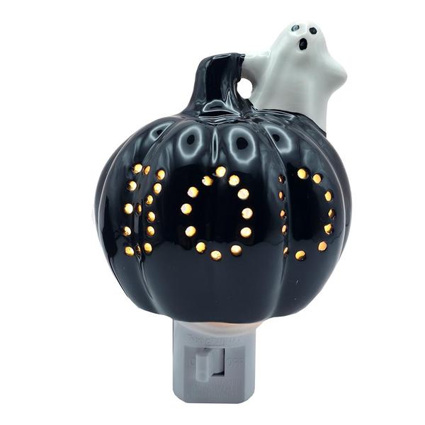 5" Ceramic Black Pumpkin with Ghost Halloween Night Light