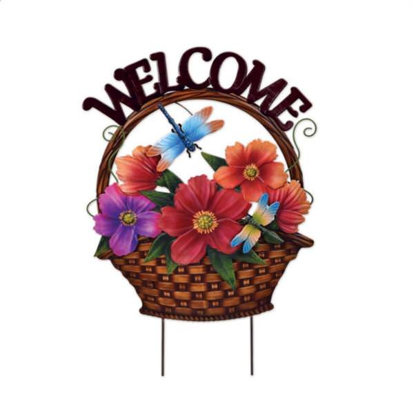 Flower Basket with Dragonflies Welcome Sign Lawn Stake
