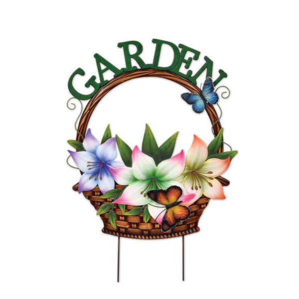 Flower Basket with Butterflies Welcome Sign Lawn Stake