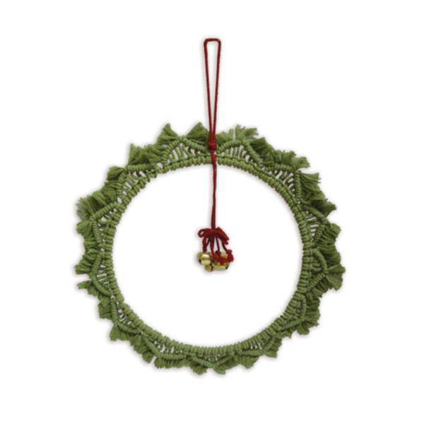 17" Macrame Green Wreath Ornament with Bells