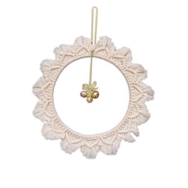 17" Macrame Beige Wreath Ornament with Bells