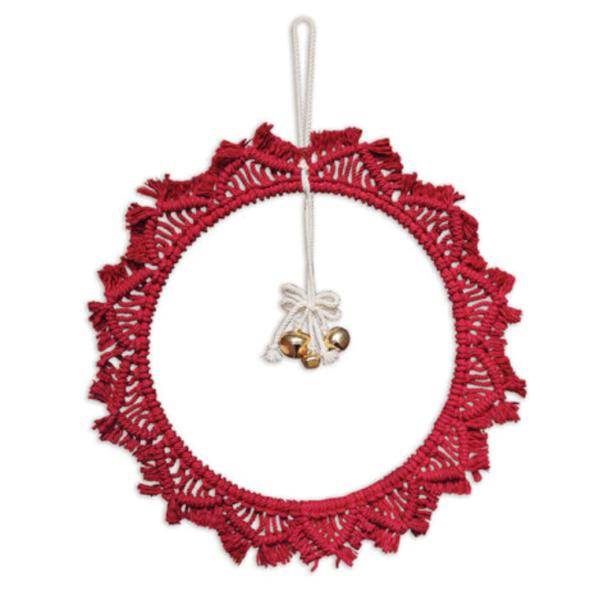 17" Macrame Red Wreath Ornament with Bells