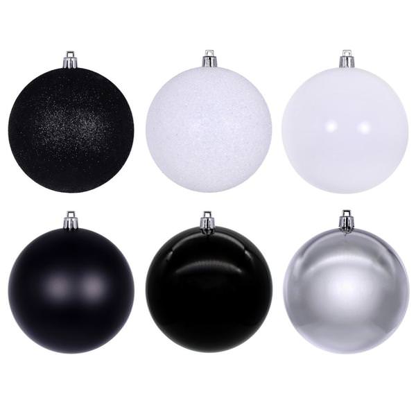 4" Black / White / Silver Ball Ornament Assortment (18 Pack)
