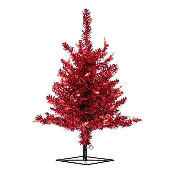 2' x 20" Red Tinsel 50 LED Light Pre-Lit Artificial Christmas Tree