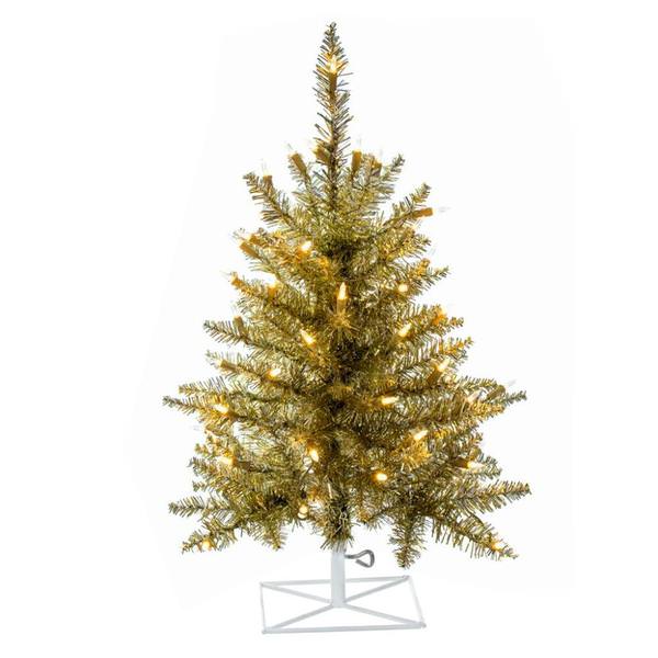 3' x 20" Tinsel Champagne 50 Light Warm White Artificial Christmas Tree