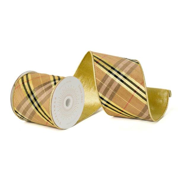 4" x 10YdGold / Black Diagonal Plaid Christmas Ribbon