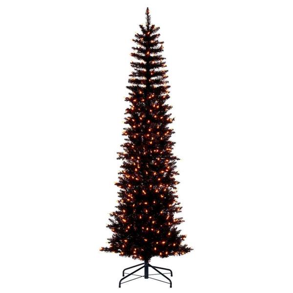 8.5' x 38" Black Pencil DuraLit 600 Orange Lights Artificial Christmas Tree