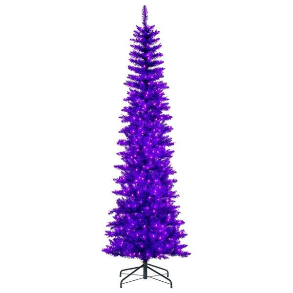 7.5' x 32" Purple Pencil 450 Purple Lights Artificial Christmas Tree