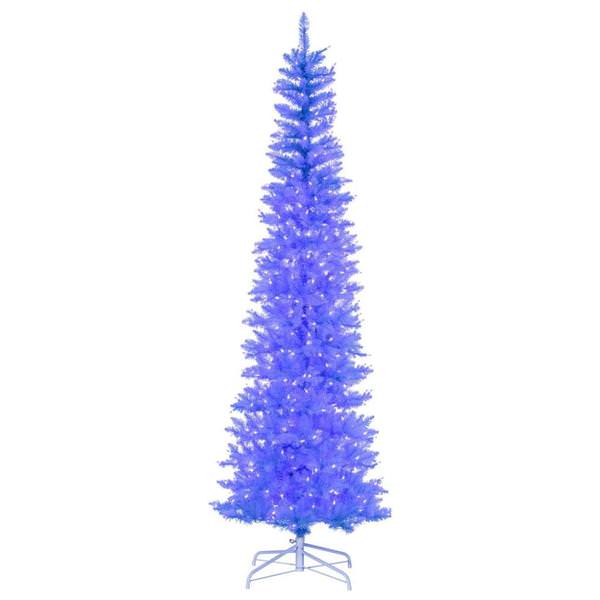 7.5' x 32" Sky Blue Pencil 450 Warm White Lights Artificial Christmas Tree