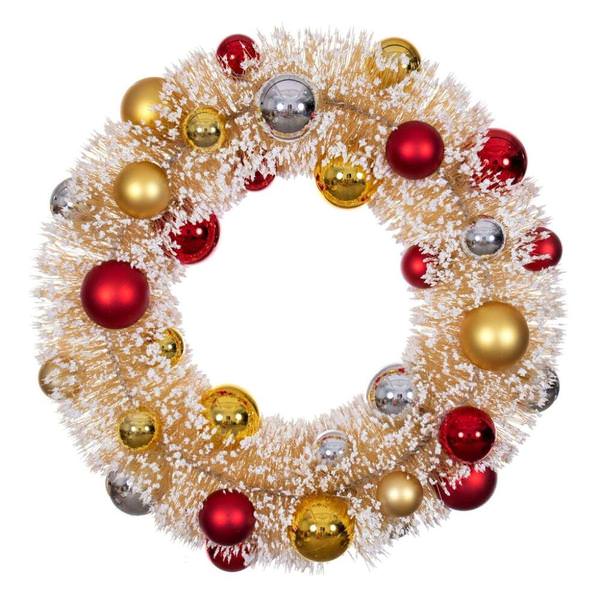 18" Frosted Gold Unlit Red/Gold/Silver Ball Ornaments Unlit Artificial Christmas Wreath
