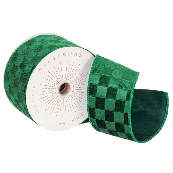 4" x 10Yd Green Velvet Satin Checkered Christmas Ribbon