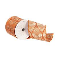 Vickerman 4" x 10Yd Burnish Orange / Champagne Feather Leaf Christmas Ribbon