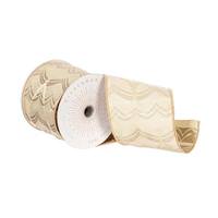 Vickerman 4" x 10Yd Ivory / Champagne Feather Leaf Christmas Ribbon