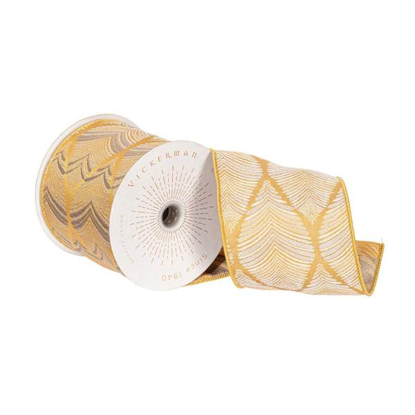 4" x 10Yd Gold / Champagne Feather Leaf Christmas Ribbon