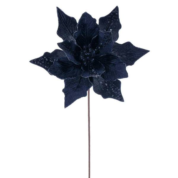 20" Midnight Blue Velvet Poinsettia Artificial Flower Stem (3 Pack)