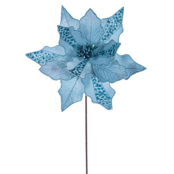 20" Baby Blue Striped Velvet Poinsettia Artificial Flower Stem (3 Pack)