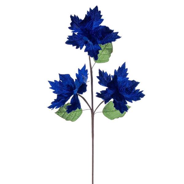 26" Blue Razor Velvet Poinsettia Trio Artificial Flower Stem (3 Pack)