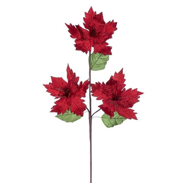 26" Red Razor Velvet Poinsettia Trio Artificial Flower Stem (3 Pack)