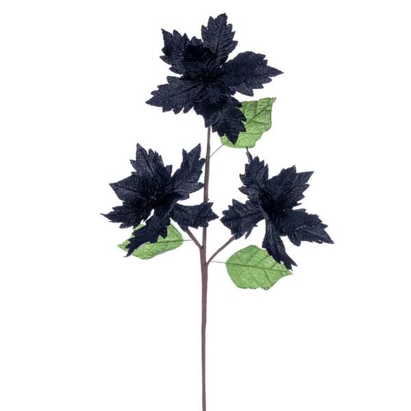 26" Black Razor Velvet Poinsettia Trio Artificial Flower Stem (3 Pack)