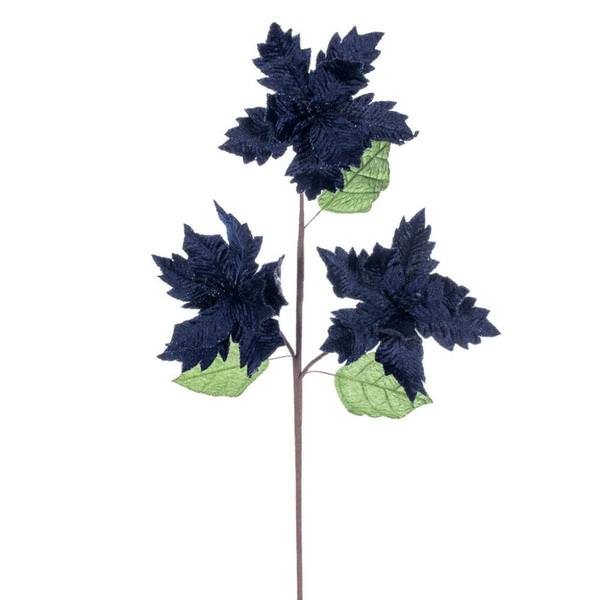 26" Midnight Blue Razor Velvet Poinsettia Trio Artificial Flower Stem (3 Pack)