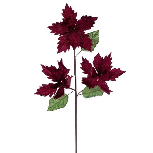 26" Burgundy Razor Velvet Poinsettia Trio Artificial Flower Stem (3 Pack)